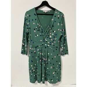 Boden Knit Stretch Travel Dress Green Polka Dots 3/4 Sleeve Size 10 Short Womens